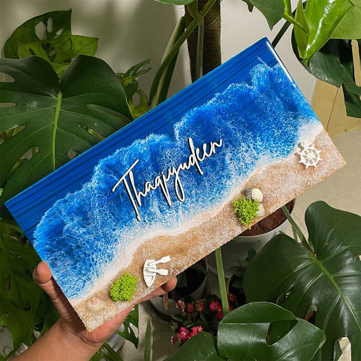 Coastal Beach Wave Laser-Cut Handcrafted Resin Pinewood Personalized Name Plate For Home