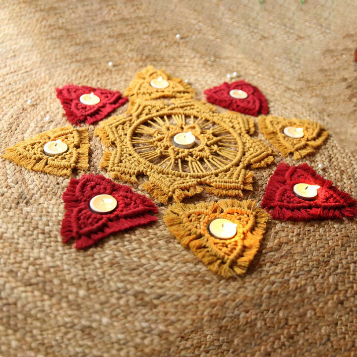 Handmade Macrame Rangoli Design Cotton Tealight Holder | Includes 1 Center Piece, 8 Small Pieces And 10 Tea Light Candles