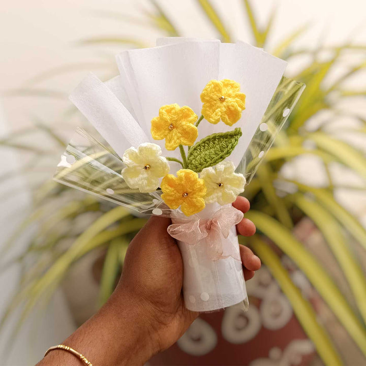 Handmade Crochet Yellow Blossom Mini Flower Bouquet | Includes Photo & Greeting Card