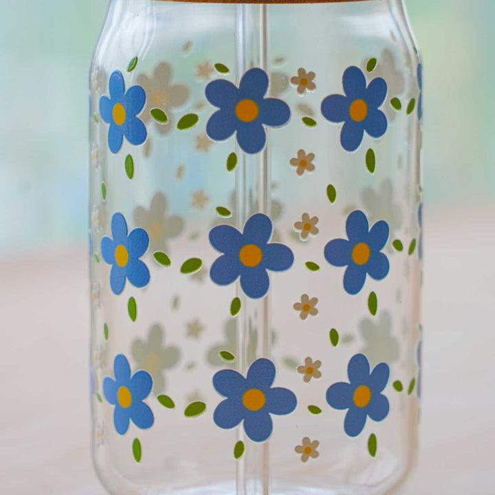 Cute Printed "Floral" Theme Glass Tumbler With Straw For Kids
