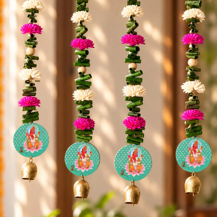 1 Pc | Handmade Teal Ganesha Shola Flower & Bay Leaf Hanging