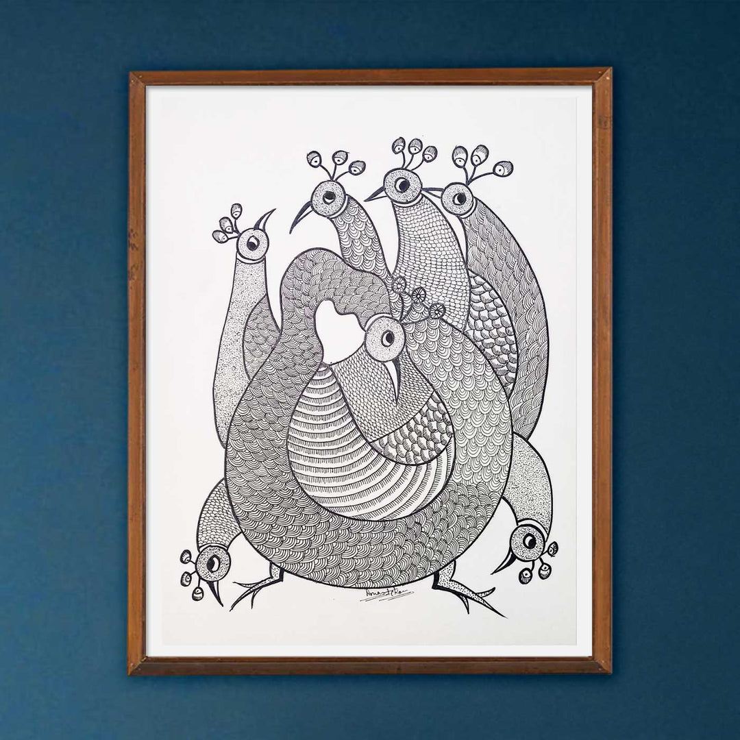 11 x 15 Inch | Peacock Family | Original Hand Painted Tribal Gond Art Painting | Acrylic Paints On Paper