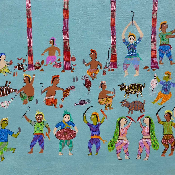 36 x 36 Inch | Festival of the Village | Original Hand Painted Bhill Painting | Acrylic Paints On Canvas