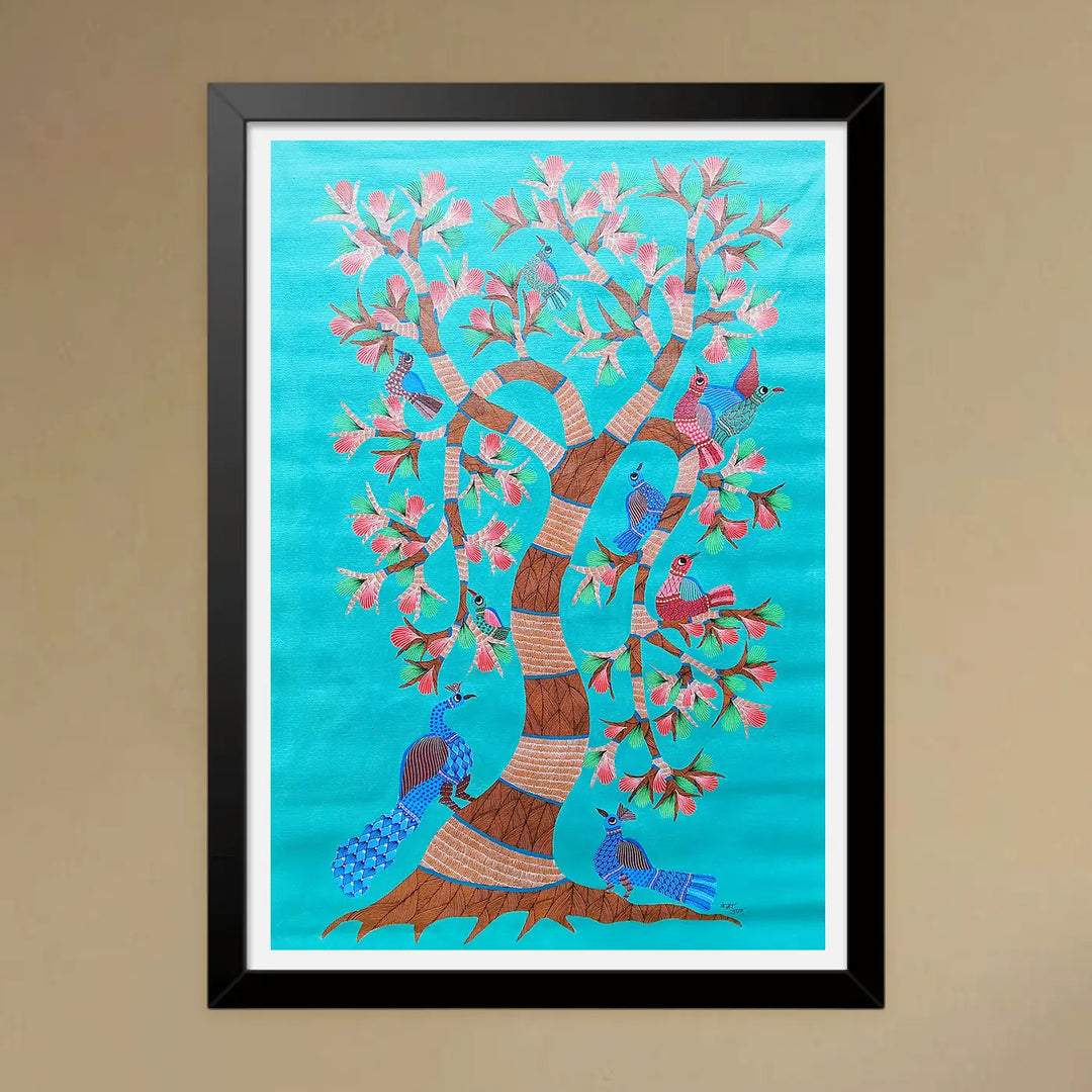 24 x 36 Inch | A Tree of Peacocks | Original Hand painted Tribal Gond Art Painting | Acrylic Paints On Canvas