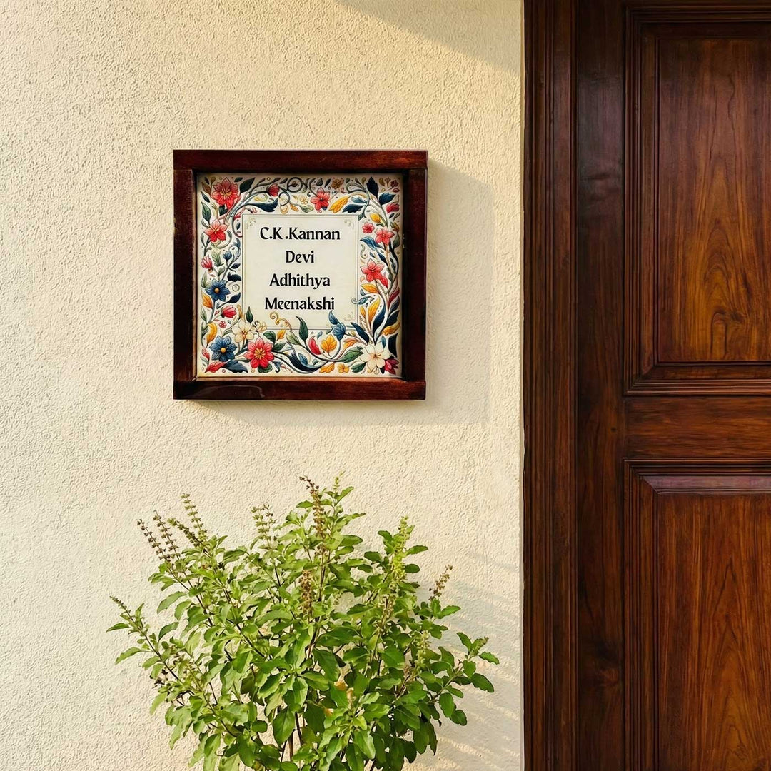 Personalized Floral Theme Resin Name Plate With Teak Wood Frame