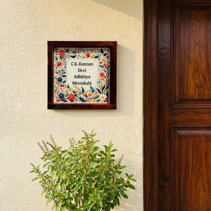 Personalized Floral Theme Resin Name Plate With Teak Wood Frame
