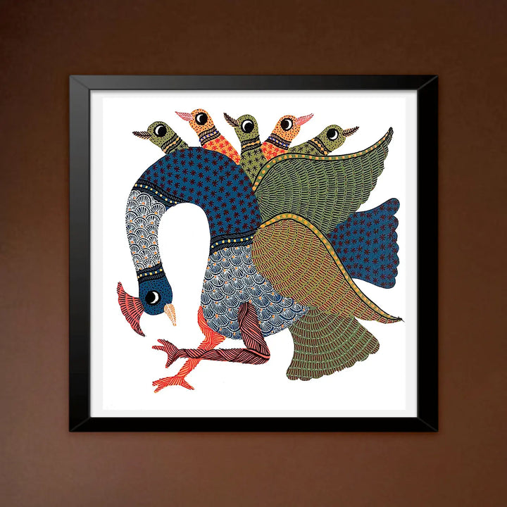 7 x 7 Inch | A Party Of Peacocks | Original Hand Painted Tribal Gond Art Painting | Acrylic Paints On Paper