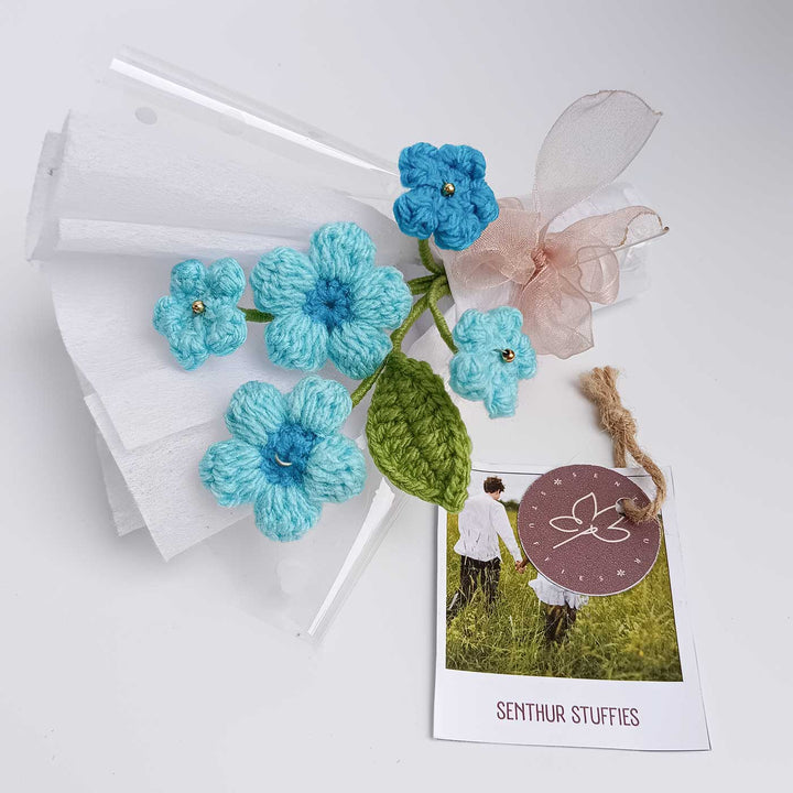 Handmade Crochet Classic Blue Mini Flower Bouquet | Includes Photo & Greeting Card