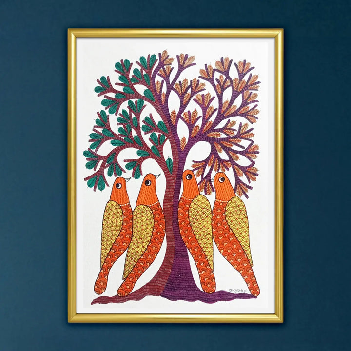 11 x 16 Inch | Birds & Tree | Original Hand Painted Tribal Gond Art Painting | Acrylic Paint On Paper