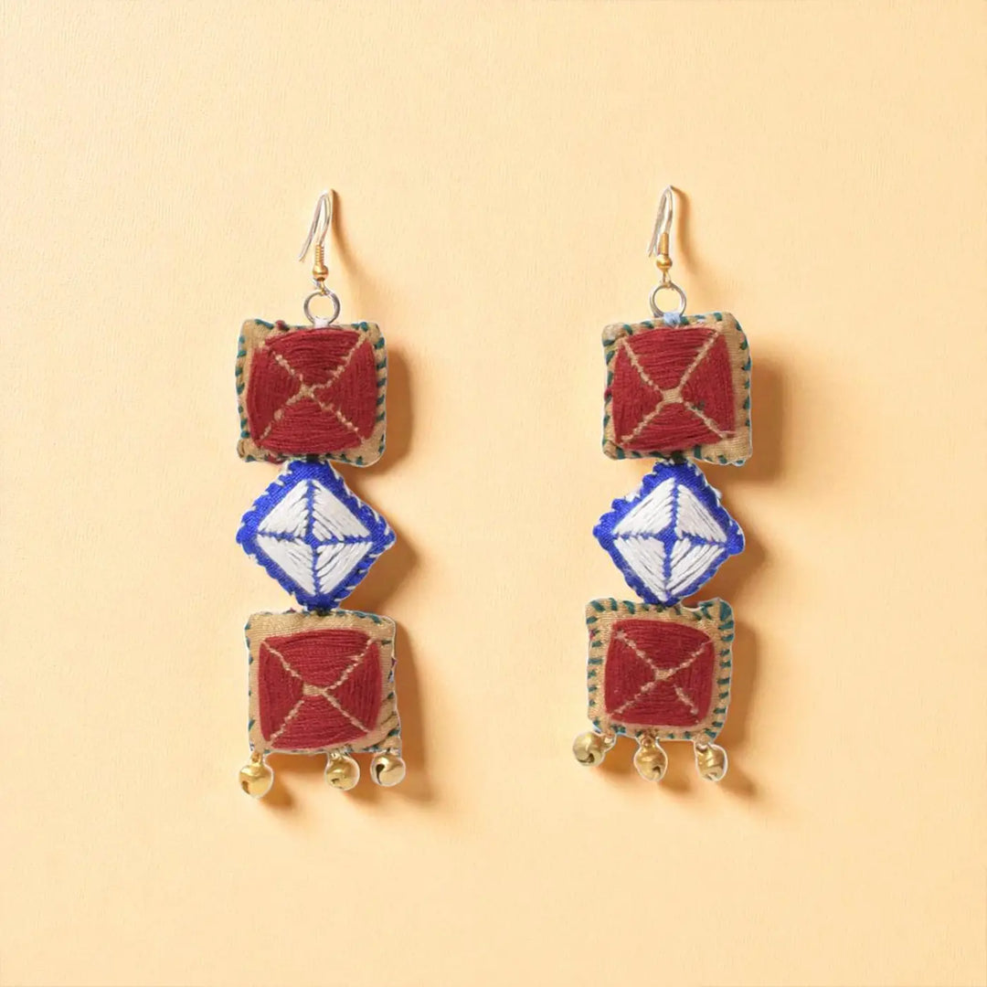 Handmade Textile Art Square & Diamond Ghungroo Dupion Silk Fabric Earrings