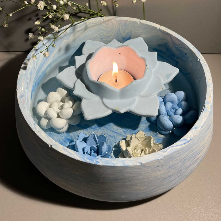 Handmade Radiance Concrete Gift Hamper | Includes 1 Urli, 1 Flower Candle Holder, 4 Succulent