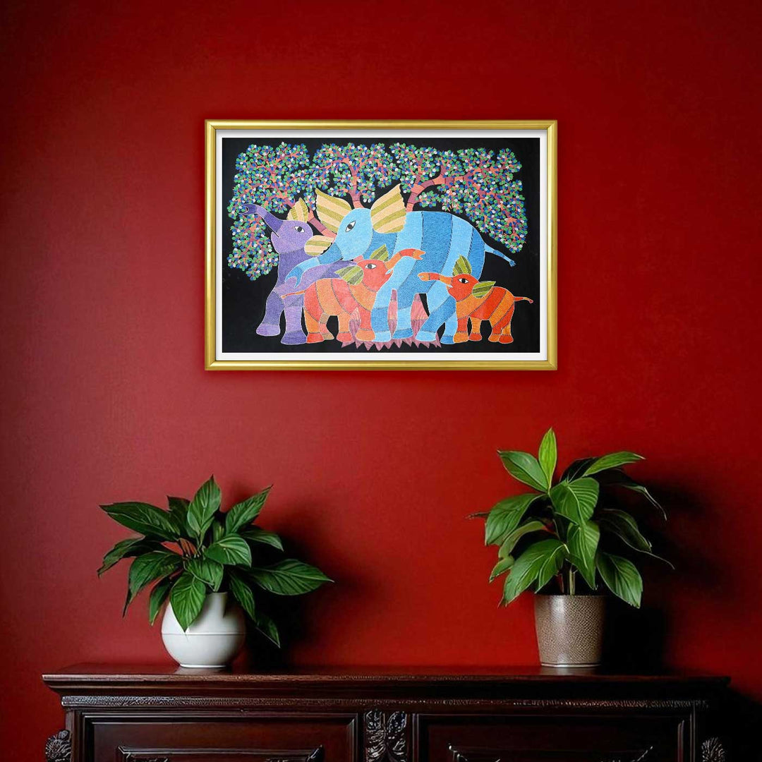 15 x 22 Inch | Family of Elephants | Original Hand Painted Tribal Gond Art Painting | Acrylic Paints On Canvas