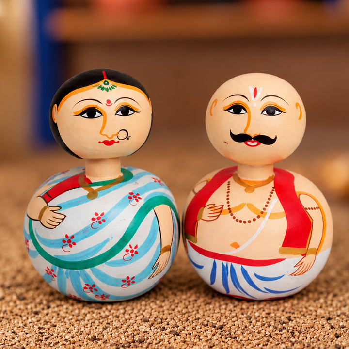 Set of 2 | Hand-Painted Blue Floral & Peach Bobble Head Couple Wooden Golu Dolls For Gifting & Decor