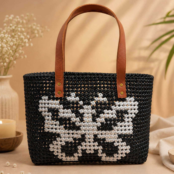 Handwoven Black Koodai Tote Bag with White Butterfly Motif