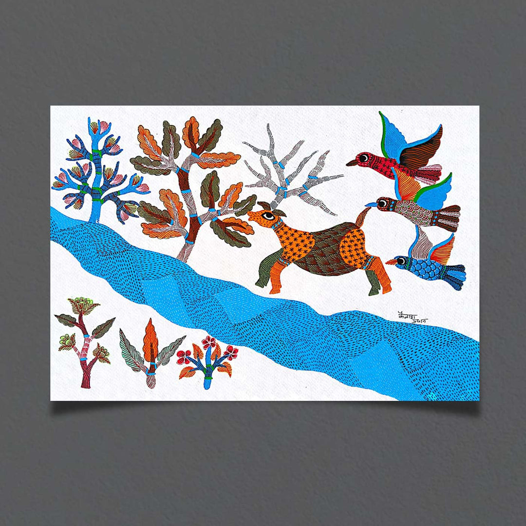 11 x 15 Inch | Playful Nature | Original Hand painted Tribal Gond Art Painting | Acrylic Paints On Paper