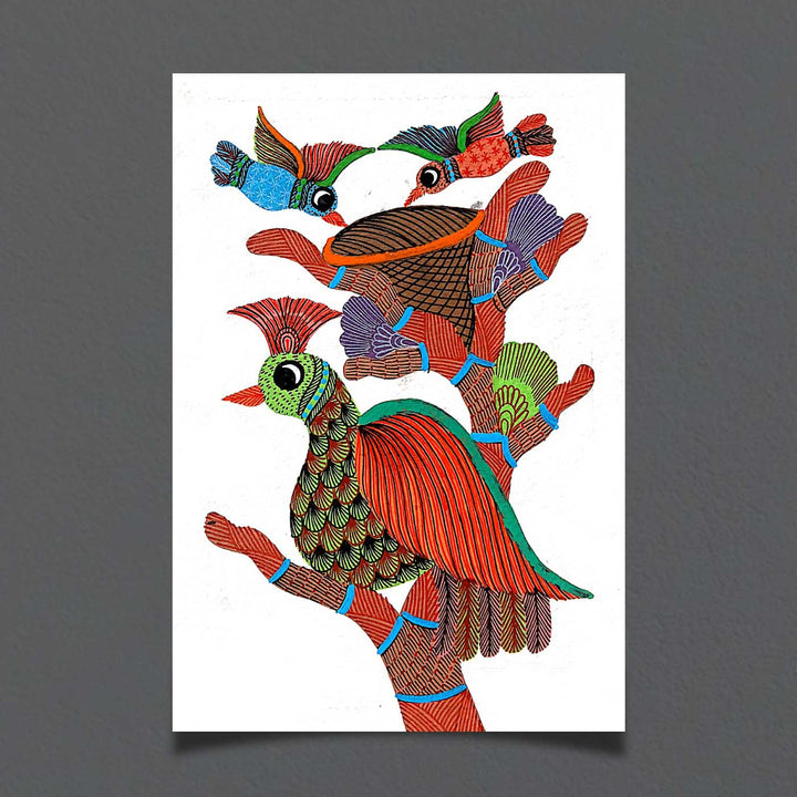 6 x 8 Inch | Bird Family With Nest | Original Hand painted Tribal Gond Art Painting | Acrylic Paints On Paper