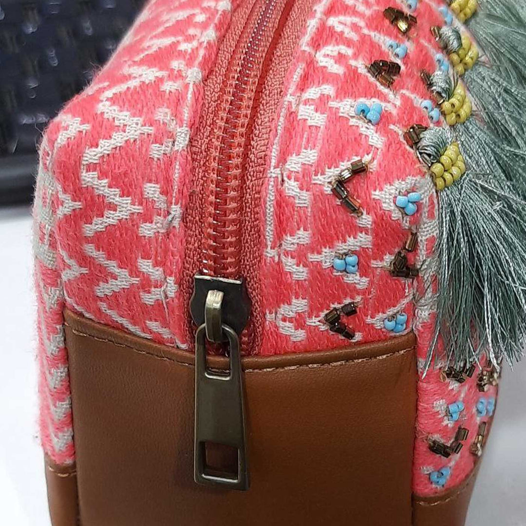 Handmade Embroidered Pink Color Jacquard Pouch