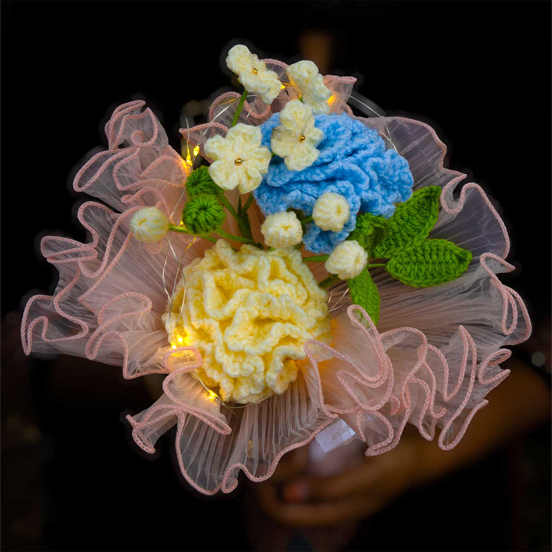 Handmade Crochet Morning Blue Flower Bouquet With Lights | Includes Photo & Greeting Card