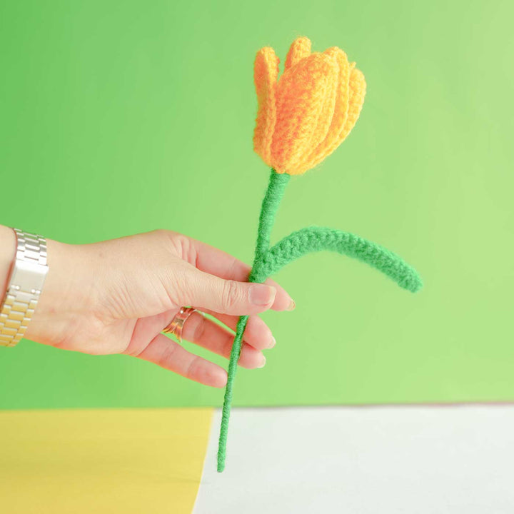 Personalized Handmade Crochet Tulip Yellow Rakhi Hamper | Includes 1 Crochet Flower, 1 Message Card & 2 Rakhis & Roli Chawal