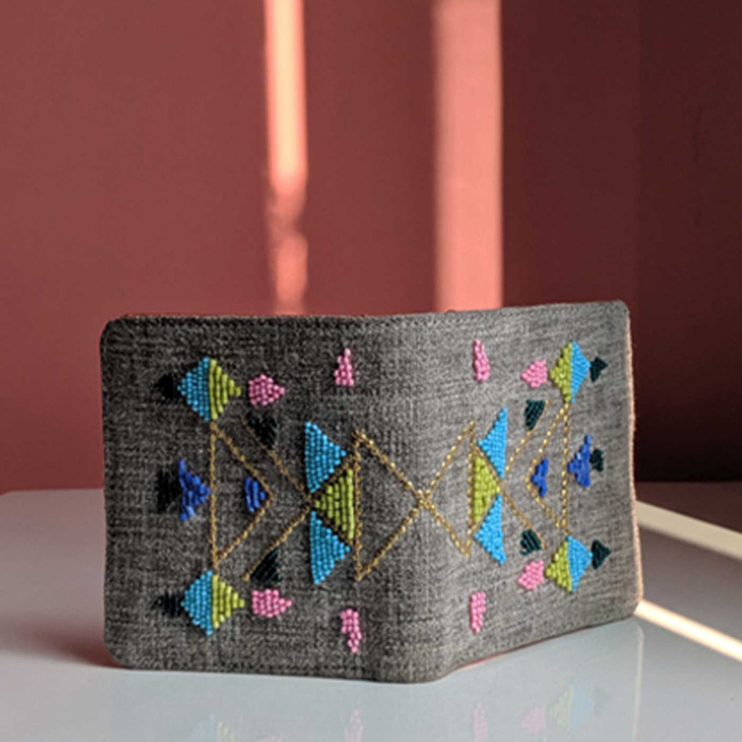 Handmade Embroidered Geometric Grey Canvas Wallet