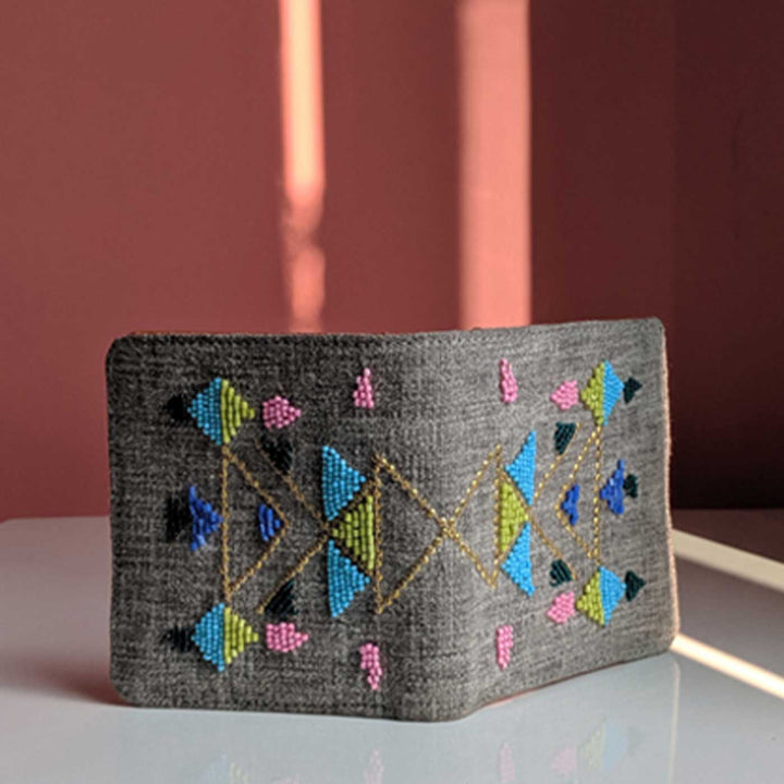 Handmade Embroidered Geometric Grey Canvas Wallet