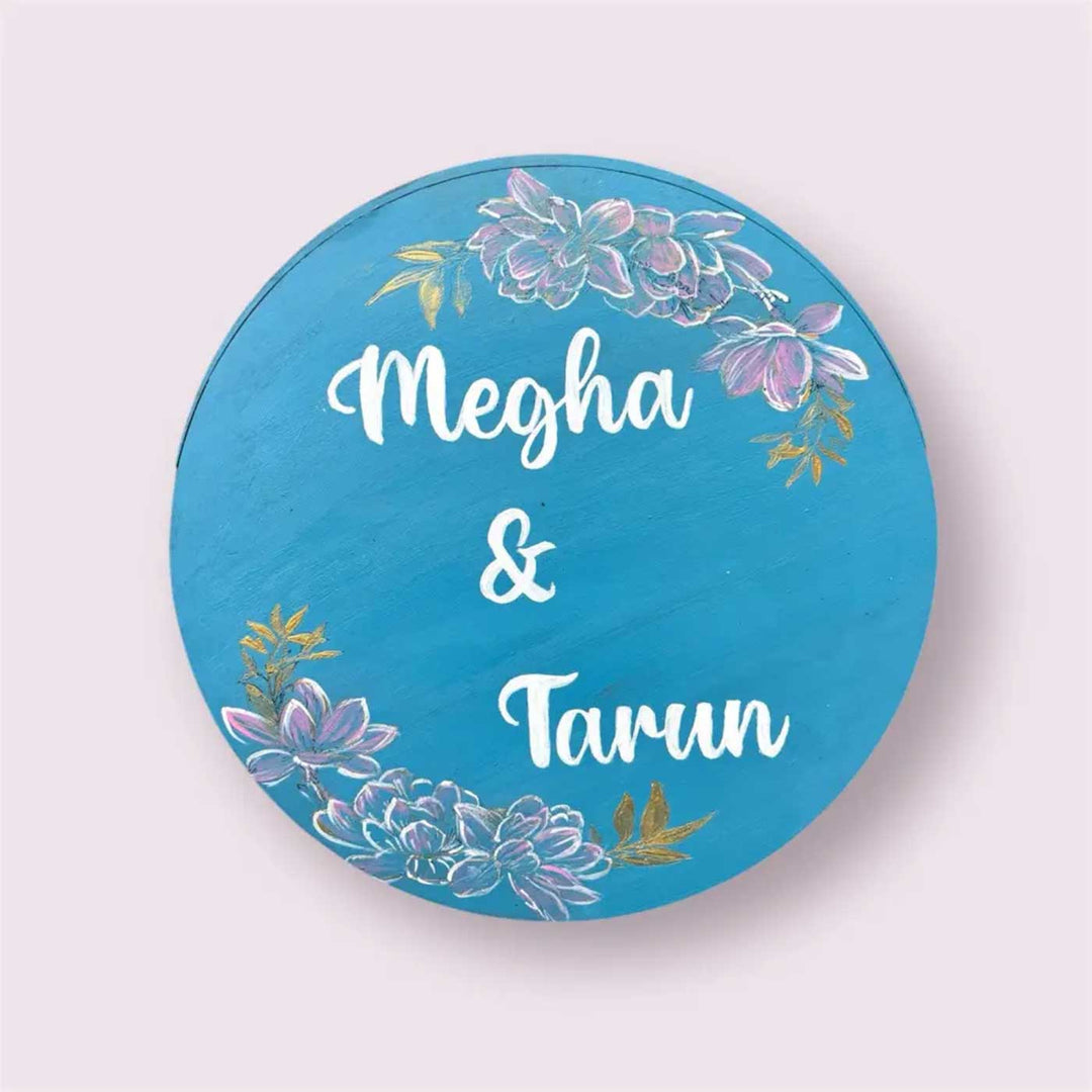 Floral Theme Blue Personalized Round Wooden Name Plate For Home