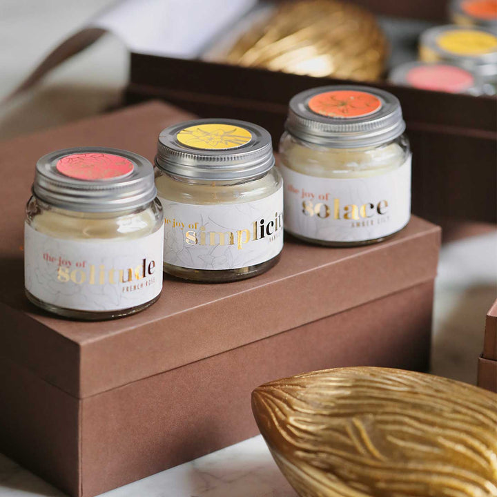 Handmade Charming Metal & Glass Gift Hamper | Includes 1 Almond Shape Box, 3 Candles