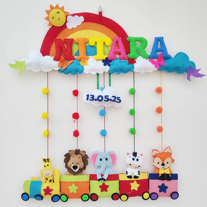 Personalized Rainbow & Animal Train Theme Felt Kids Name Plate