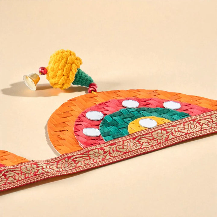 Multicoloured Mirror & Marigold Embellished Eco-Friendly Handmade Woven Bamboo Toran | 41 Inch x 7 Inch
