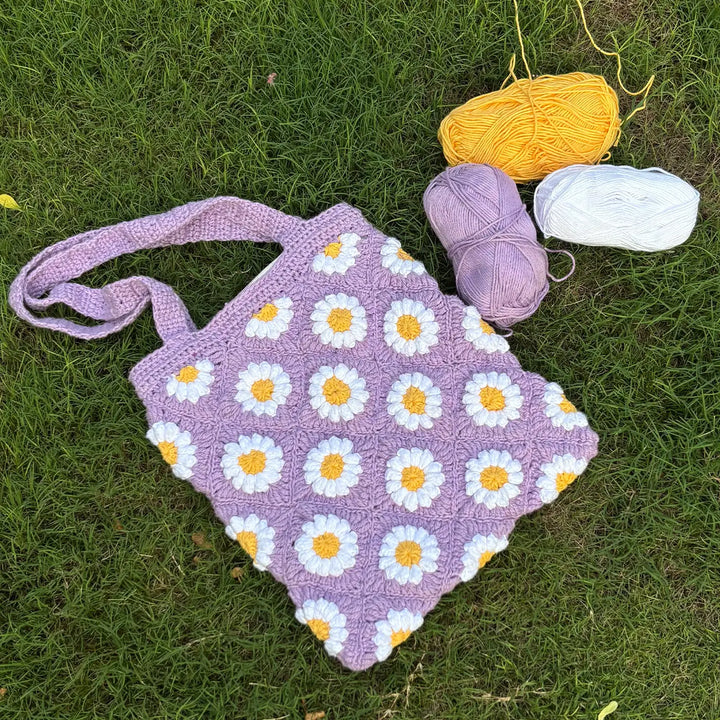 Handmade Crochet Daisy Flower Design Cotton Tote Bag