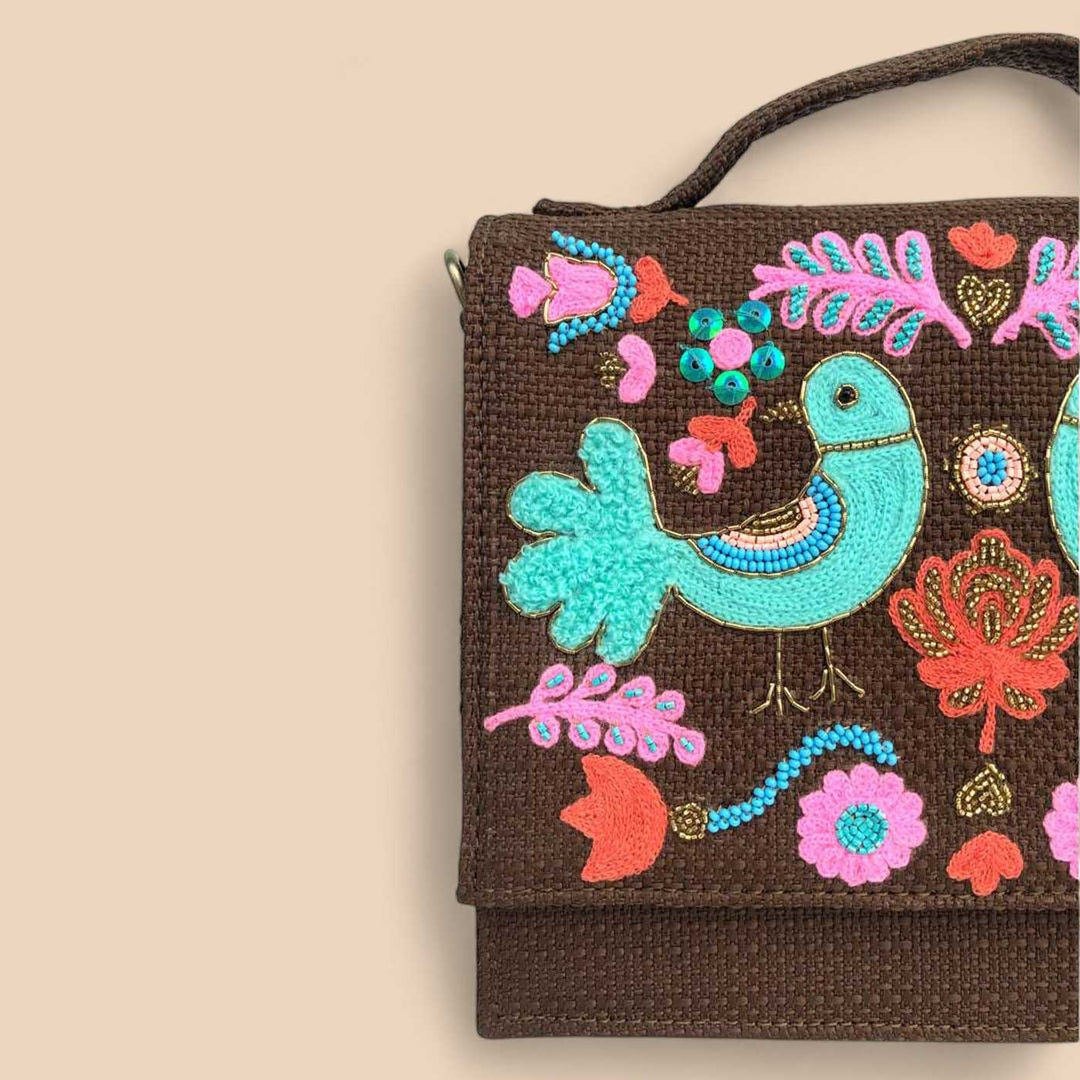 Handmade Embroidered Bird Design Brown Matrix Sling Bag