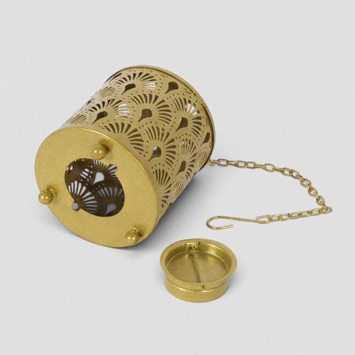 Handmade Gold Round Flower Etched Hanging Metal Tealight Holder For Festive Decor
