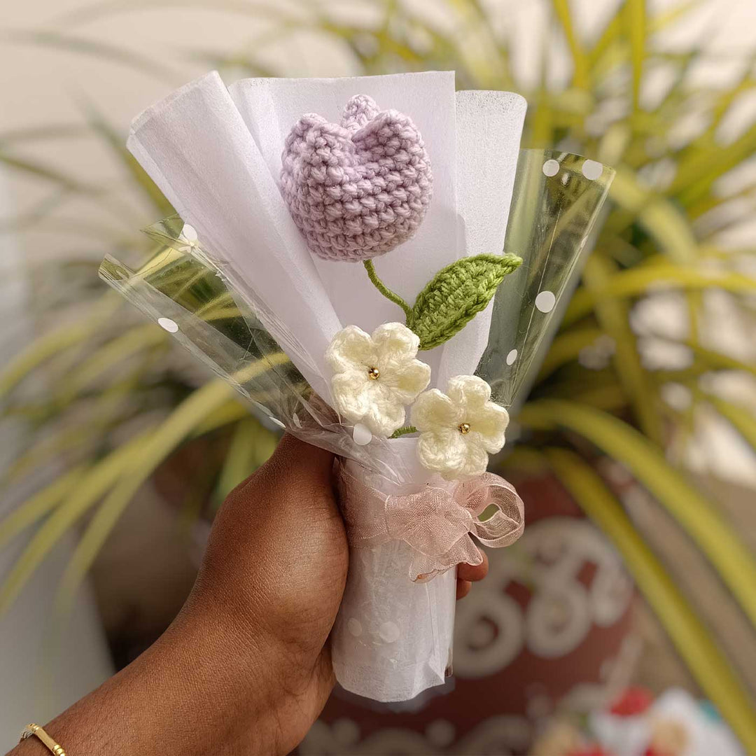 Handmade Crochet Lavender Tulip Mini Flower Bouquet | Includes Photo & Greeting Card