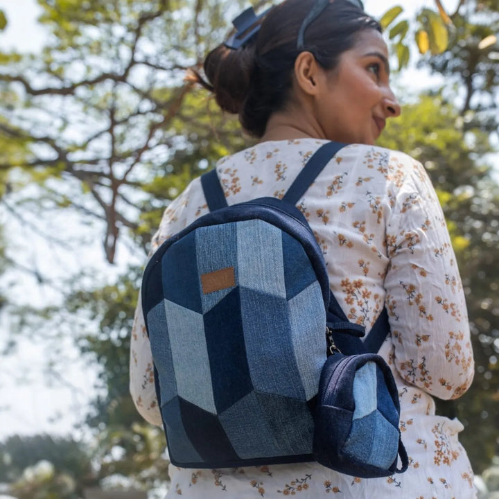 Repurposed Patched Denim Eco-Friendly Mini Backpack With Pouch