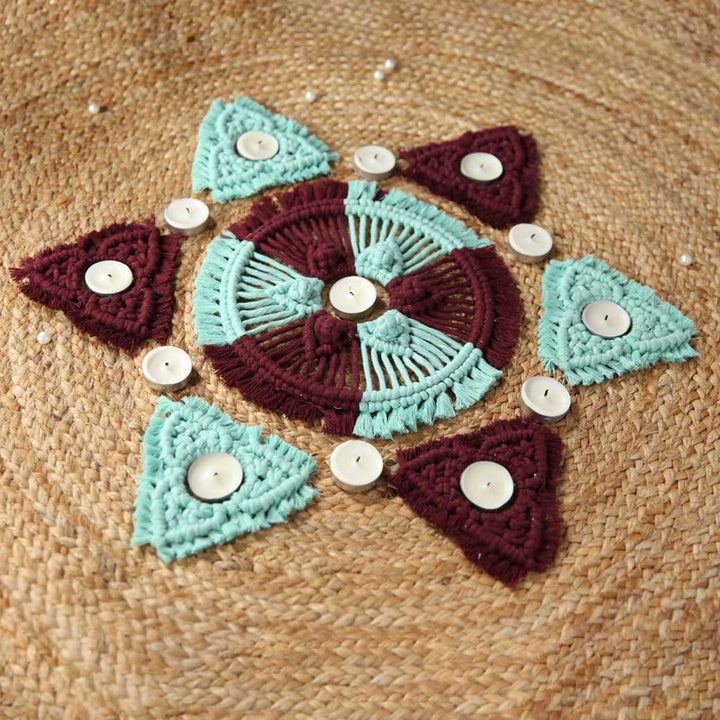 Handmade Macrame Rangoli Design Cotton Tealight Holder | Includes 1 Center Piece, 6 Small Pieces And 10 Tea Light Candles