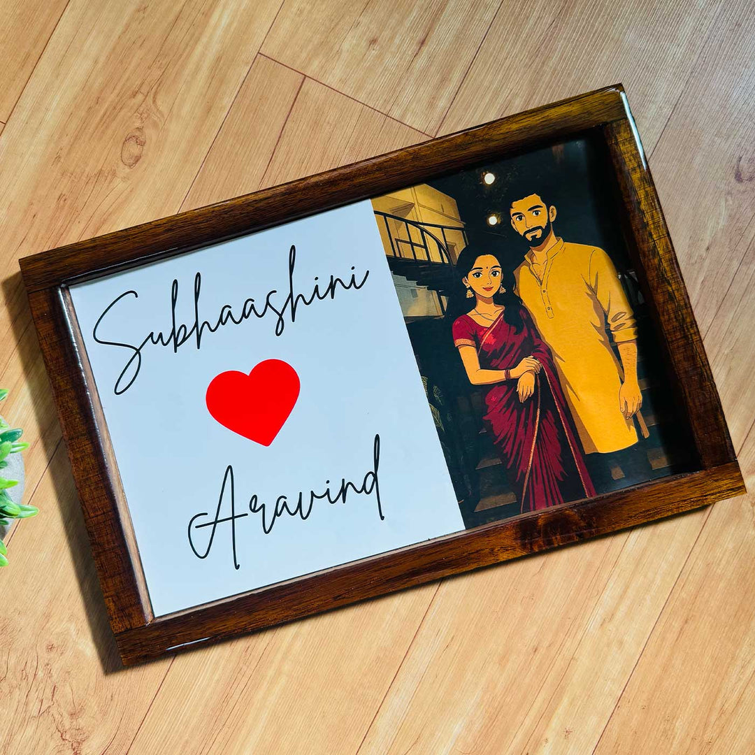 Couple Caricature Photo Personalized Resin Wooden Frame Name Plate