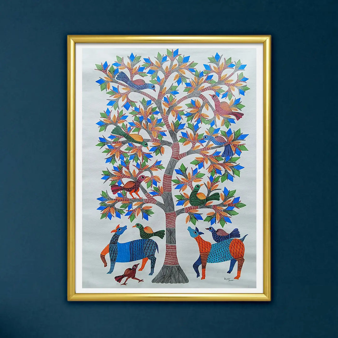 24 x 36 Inch | Tree Of Life With Birds | Original Hand painted Tribal Gond Art Painting | Acrylic Paints On Canvas