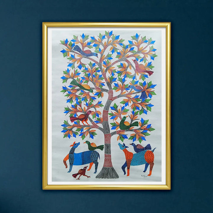 24 x 36 Inch | Tree Of Life With Birds | Original Hand painted Tribal Gond Art Painting | Acrylic Paints On Canvas