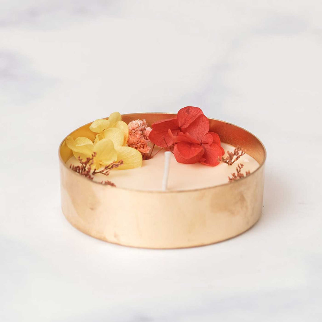 3 Inch | Handmade Copper Finish Urli Scented Candle With Dry Flowers | Set of 4