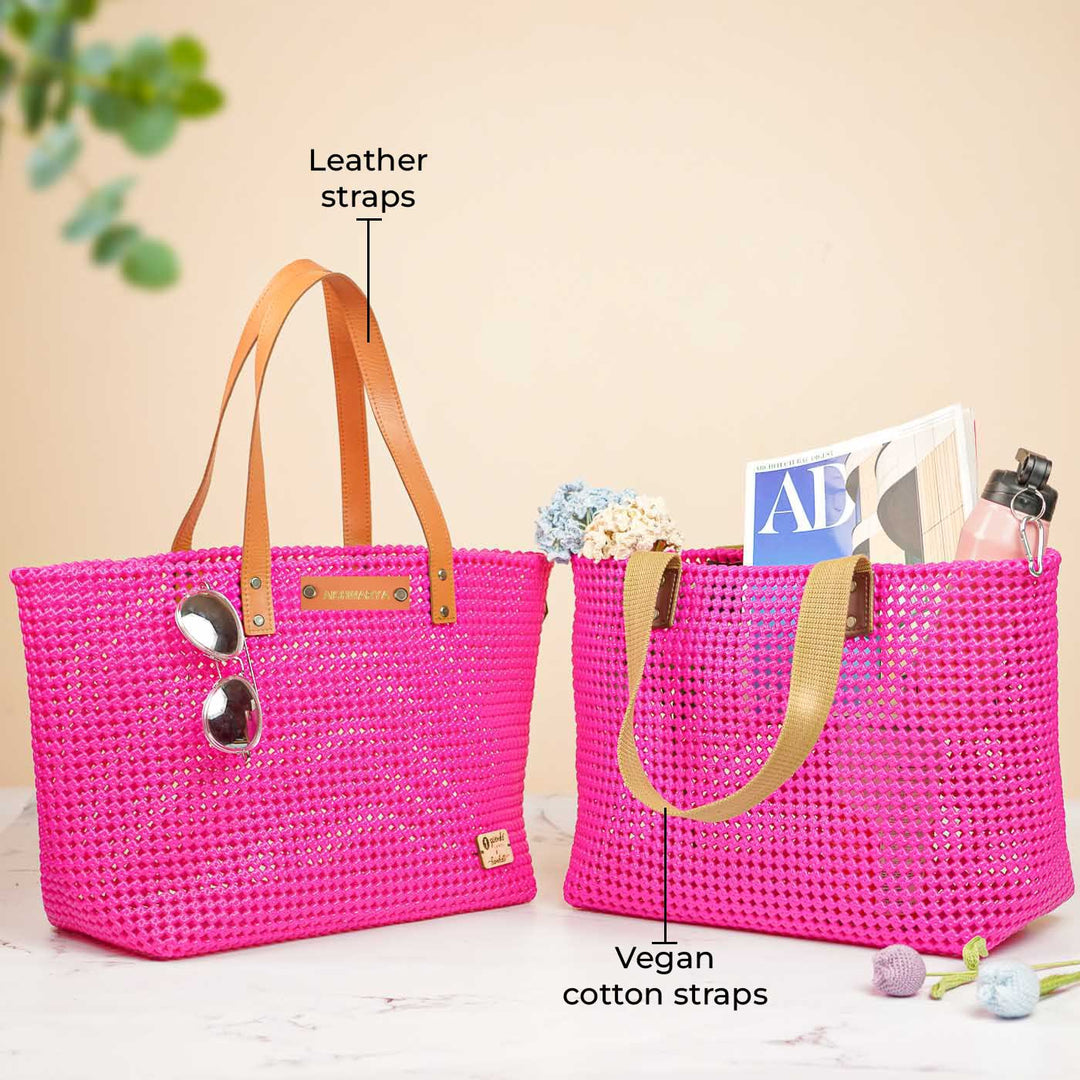 Hot Pink Solid Mukhya Knot Handmade Koodai Beach Bag