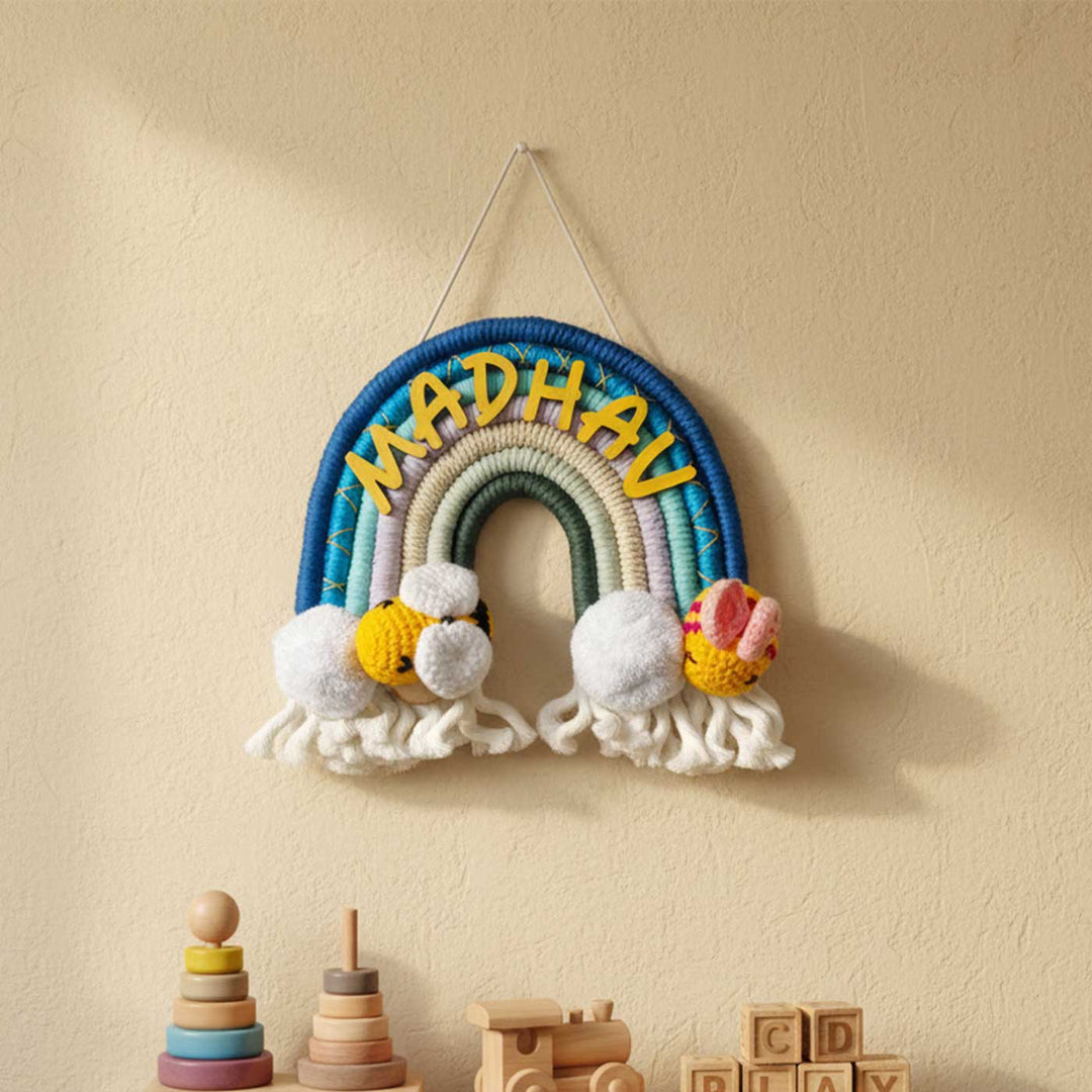 Personalized Macrame Rainbow & Bee Theme Kids Name Plate