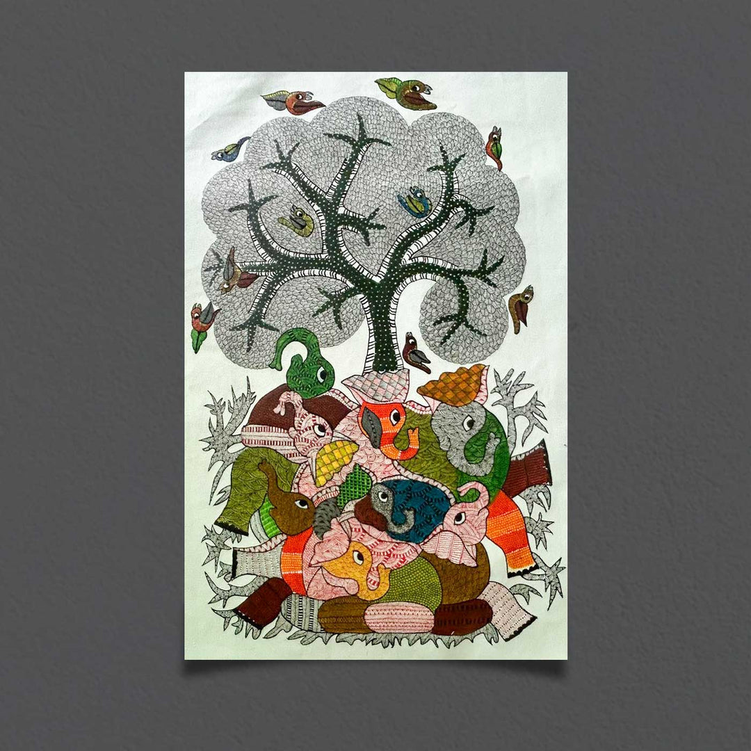 24 x 36 Inch | Tree Of Harmony | Original Hand Painted Tribal Gond Art Painting | Acrylic Paints On Paper