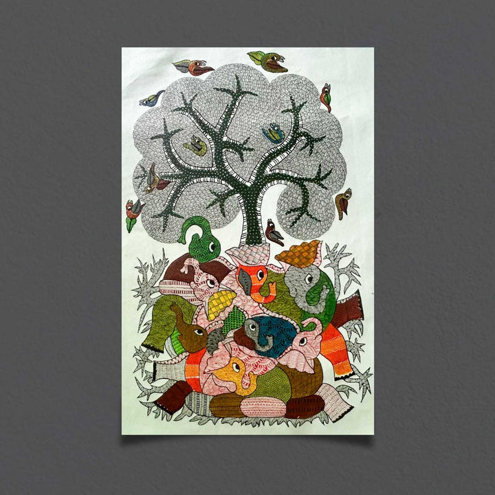 24 x 36 Inch | Tree Of Harmony | Original Hand Painted Tribal Gond Art Painting | Acrylic Paints On Paper