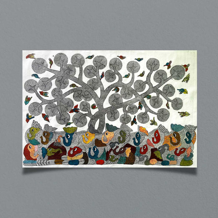 24 x 36 Inch | Earthbound and Skybound | Original Hand Painted Tribal Gond Art Painting | Acrylic Paints On Paper
