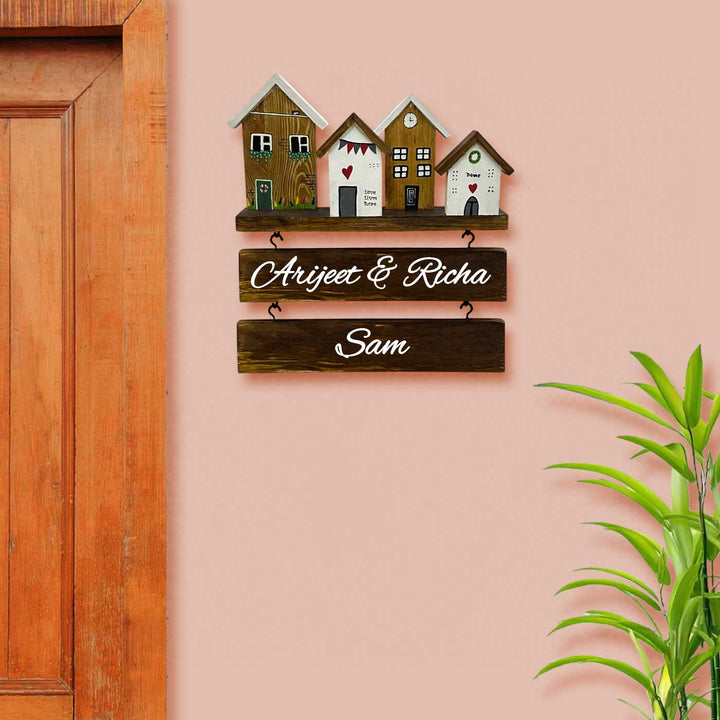 Personalized Brown & White Miniature House Wooden Name Plate