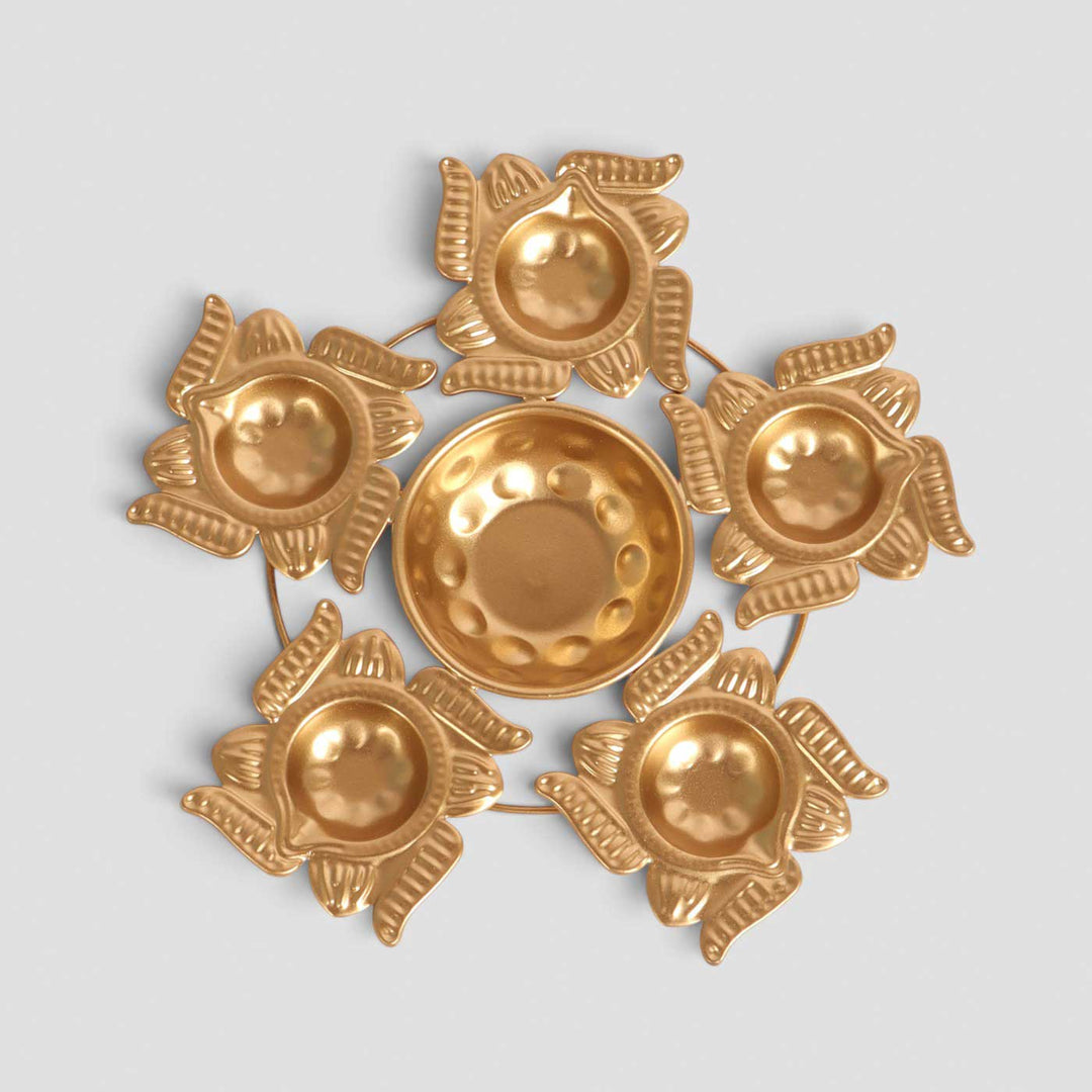 Handmade Etched Swastik Urli With 5 Diya Round For Festive Decor