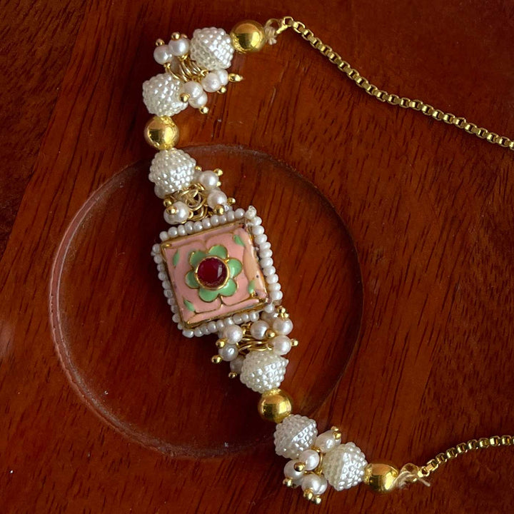 Handmade Square Flower Design Pearl And Stone Bhaiya Bhabhi Rakhi - Close-up of Pendant and Chain