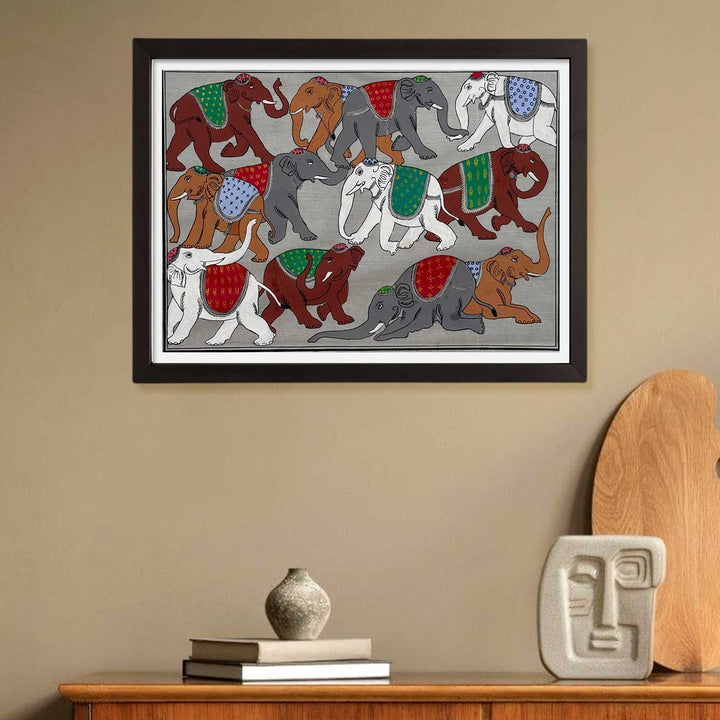 16 X 12 Inch | Handmade Silk Elephant Herd Painting