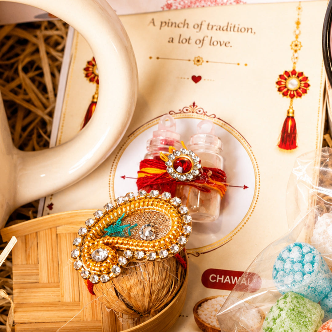 "Divine Bond" Pink Candle Bhai Mug Rakhi Hamper With Roli Chawal & Gift Box For Bhaiya Bhabhi