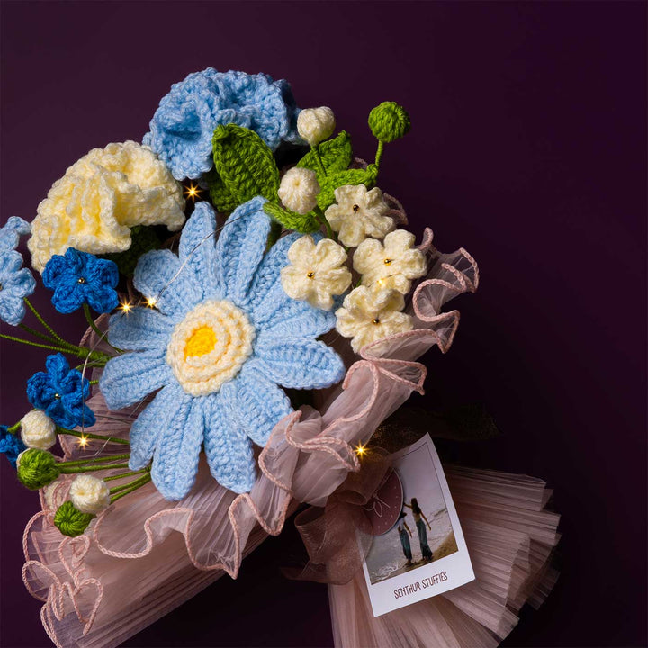 Handmade Crochet Under Quiet Sky Flower Bouquet With Lights | Includes Photo & Greeting Card